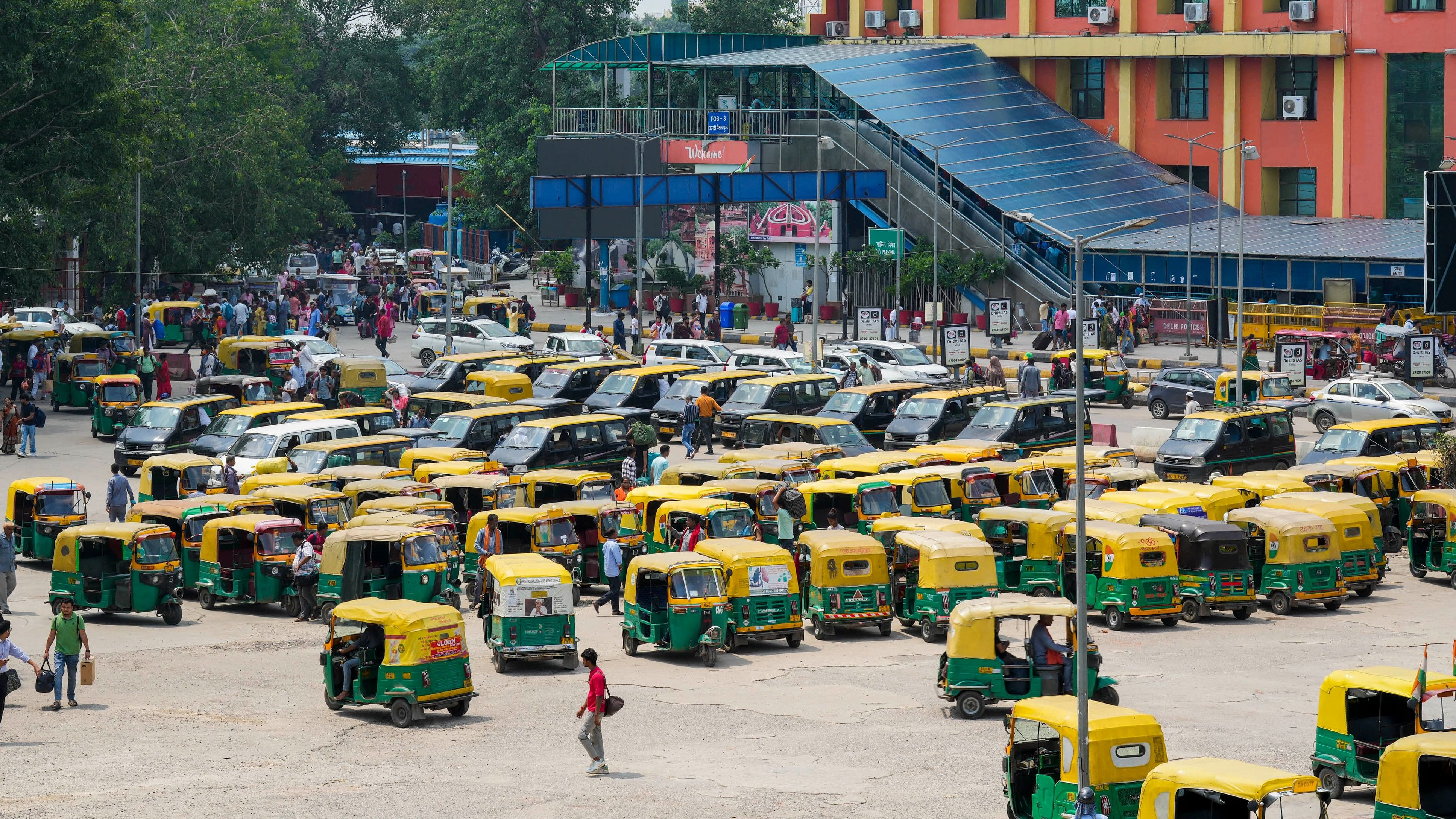 <div class="paragraphs"><p>Taxis and auto rickshaws stand parked outside New Delhi Railway Station during a 2-day strike called by auto and taxi driver unions to protest against the app-based cab services, in New Delhi, Thursday.</p></div>